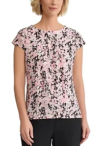 Petite Mini Floral Printed Cap Sleeve Pleated Front Knit Top