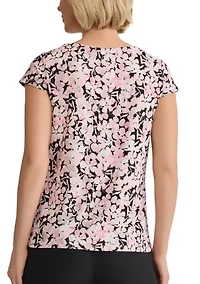 Petite Mini Floral Printed Cap Sleeve Pleated Front Knit Top