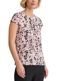 Petite Mini Floral Printed Cap Sleeve Pleated Front Knit Top