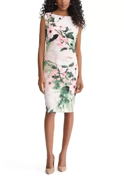 Women's Boatneck Floral Print Side Pleat Dress