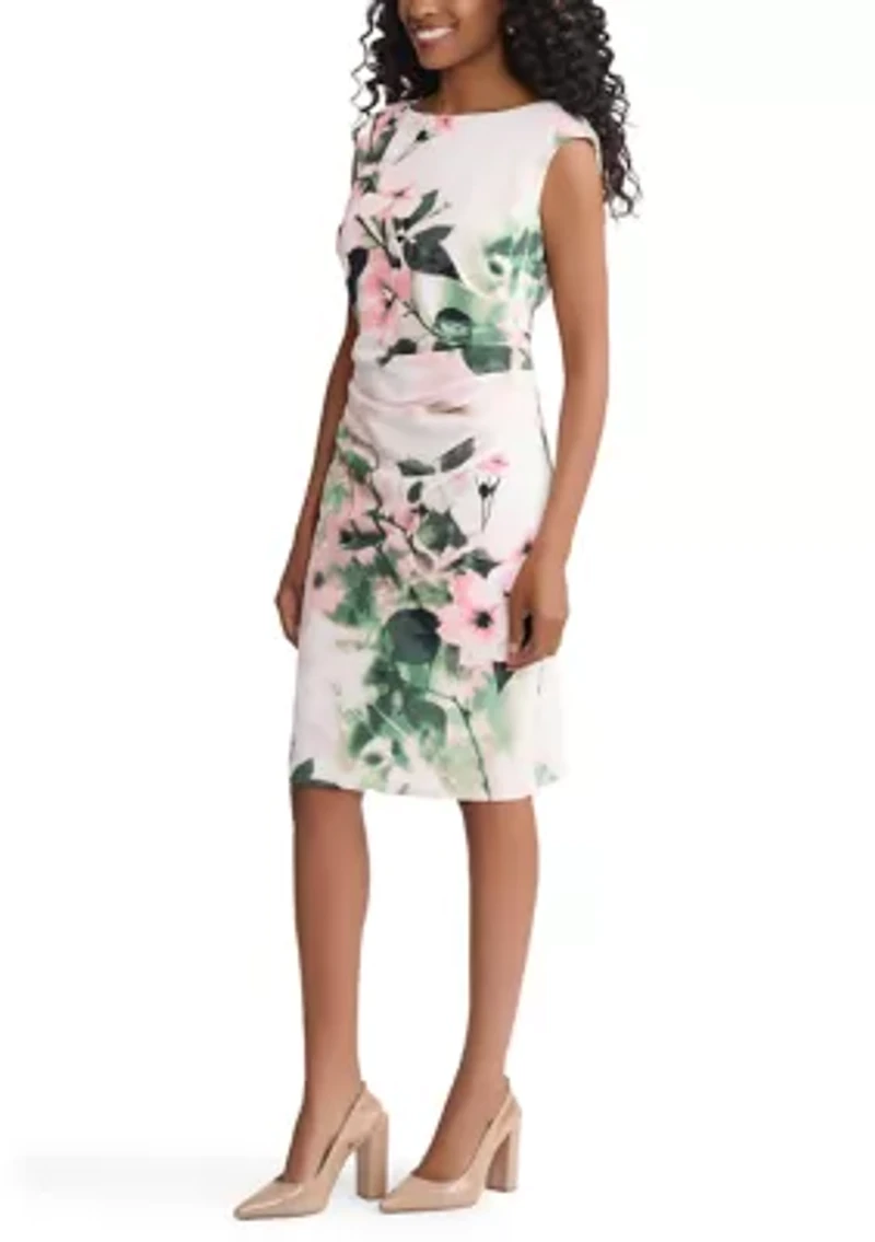 Women's Boatneck Floral Print Side Pleat Dress