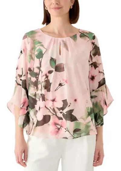 Women's Floral Print Flutter Sleeve Blouse