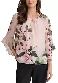 Petite Floral Print Flutter Sleeve Blouse with Keyhole