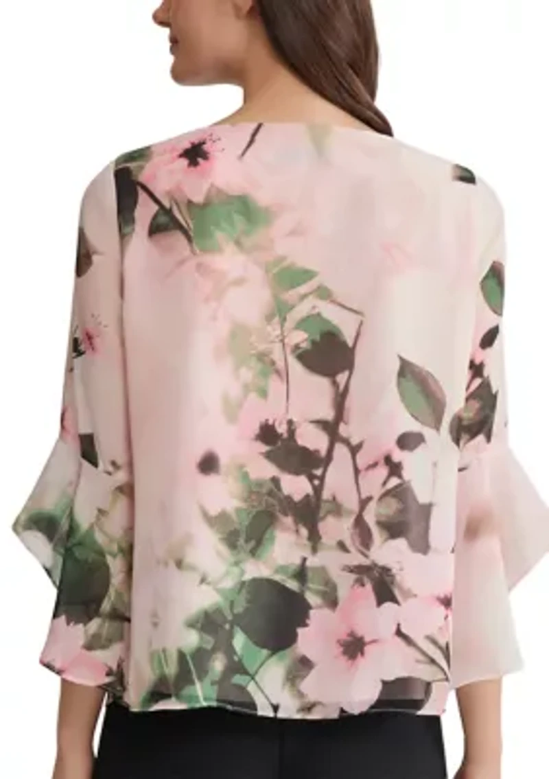 Petite Floral Print Flutter Sleeve Blouse with Keyhole