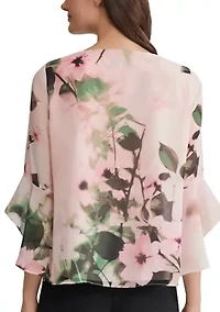 Petite Floral Print Flutter Sleeve Blouse with Keyhole
