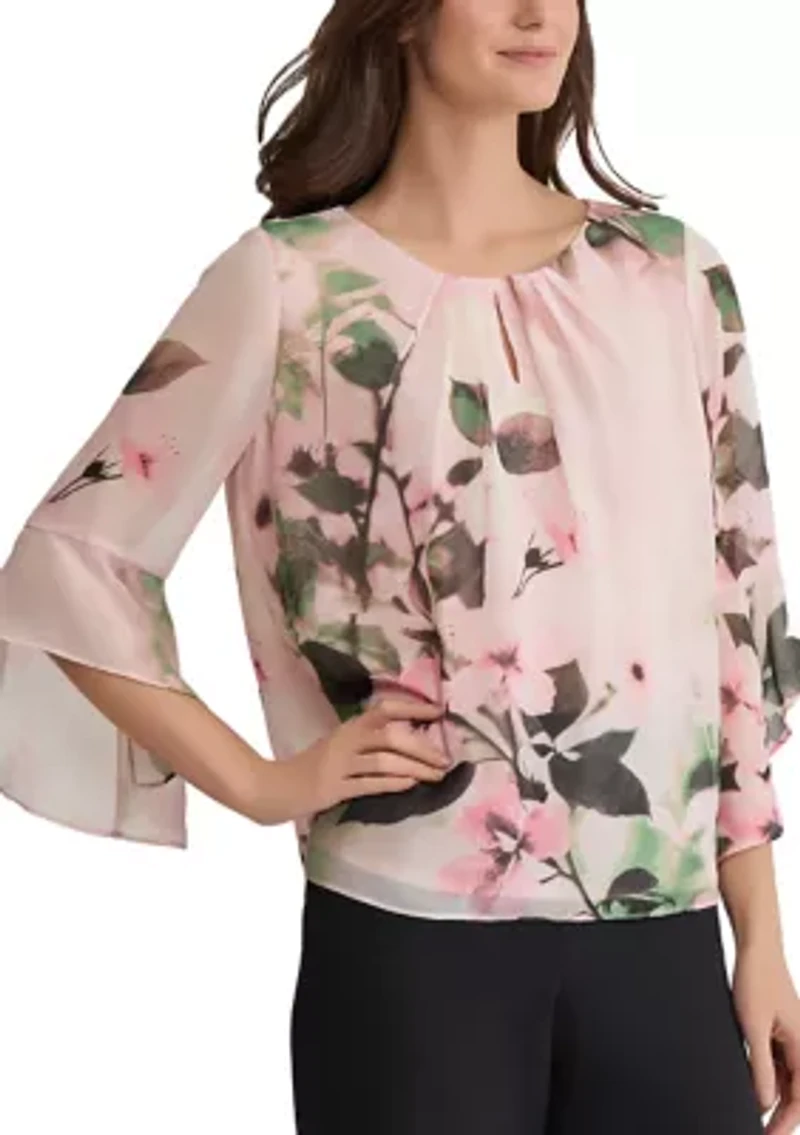 Petite Floral Print Flutter Sleeve Blouse with Keyhole