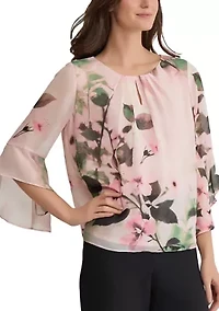 Petite Floral Print Flutter Sleeve Blouse with Keyhole