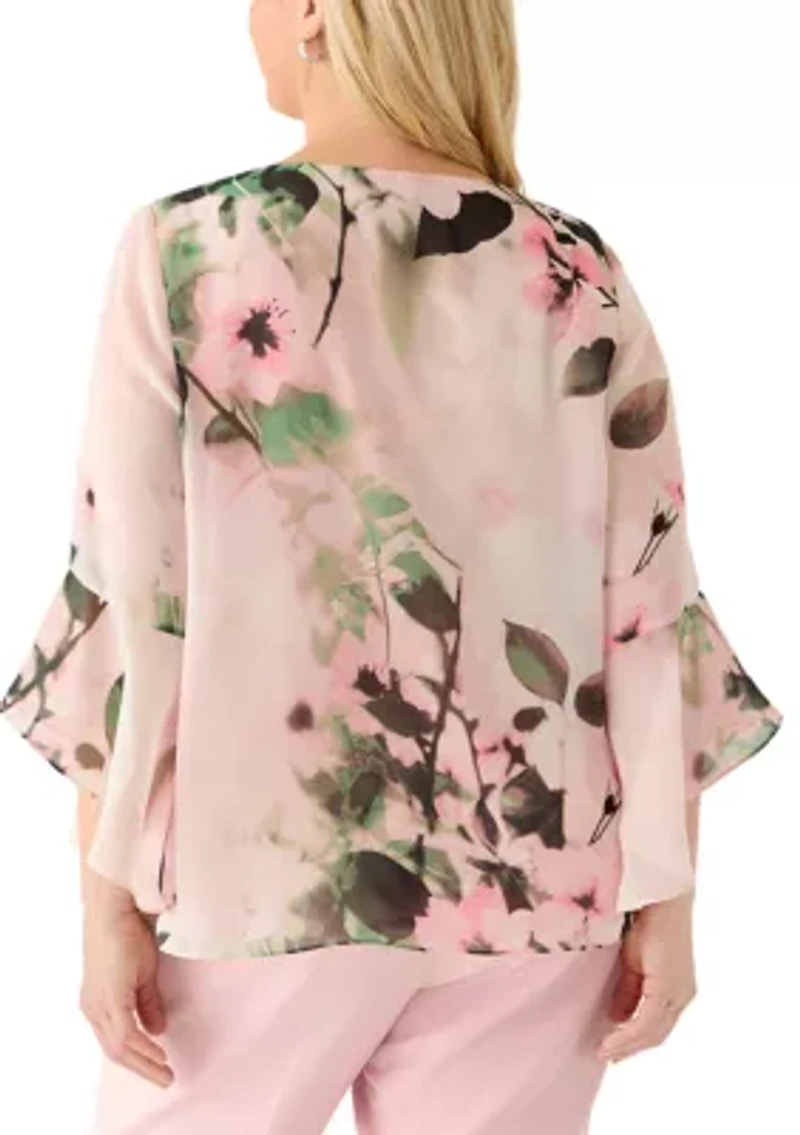 Plus Floral Print Keyhole Neck Blouse