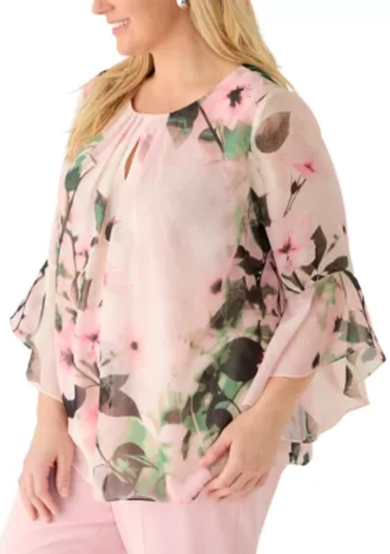 Plus Floral Print Keyhole Neck Blouse