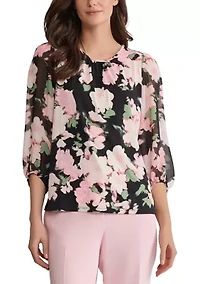 Petite Mutli Floral Print Blouson Sleeve Knit Top