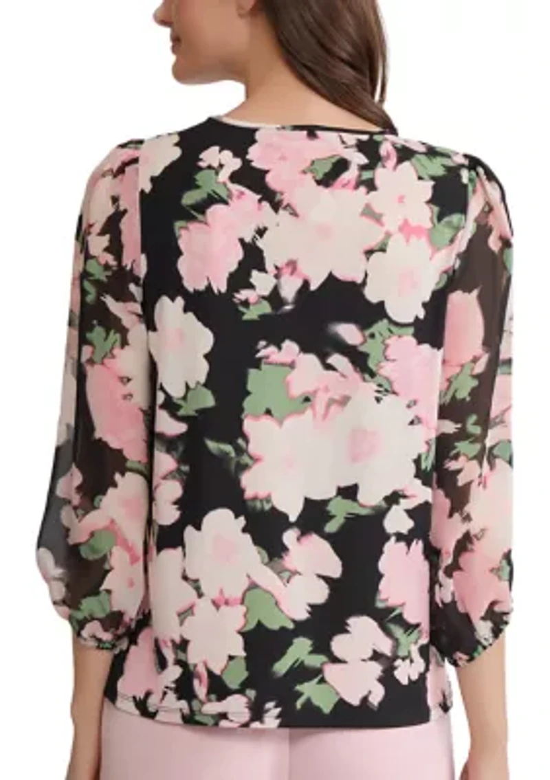 Petite Mutli Floral Print Blouson Sleeve Knit Top