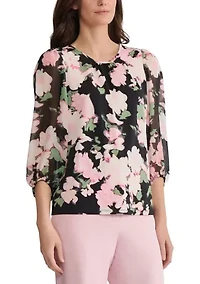 Petite Mutli Floral Print Blouson Sleeve Knit Top