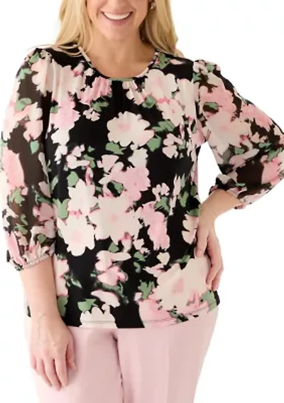 Plus Shirred Neck Floral Print Top