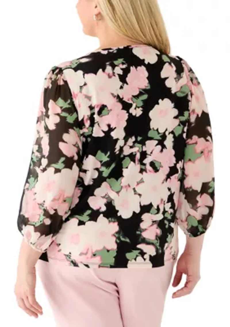 Plus Shirred Neck Floral Print Top