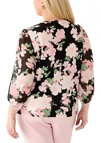 Plus Shirred Neck Floral Print Top