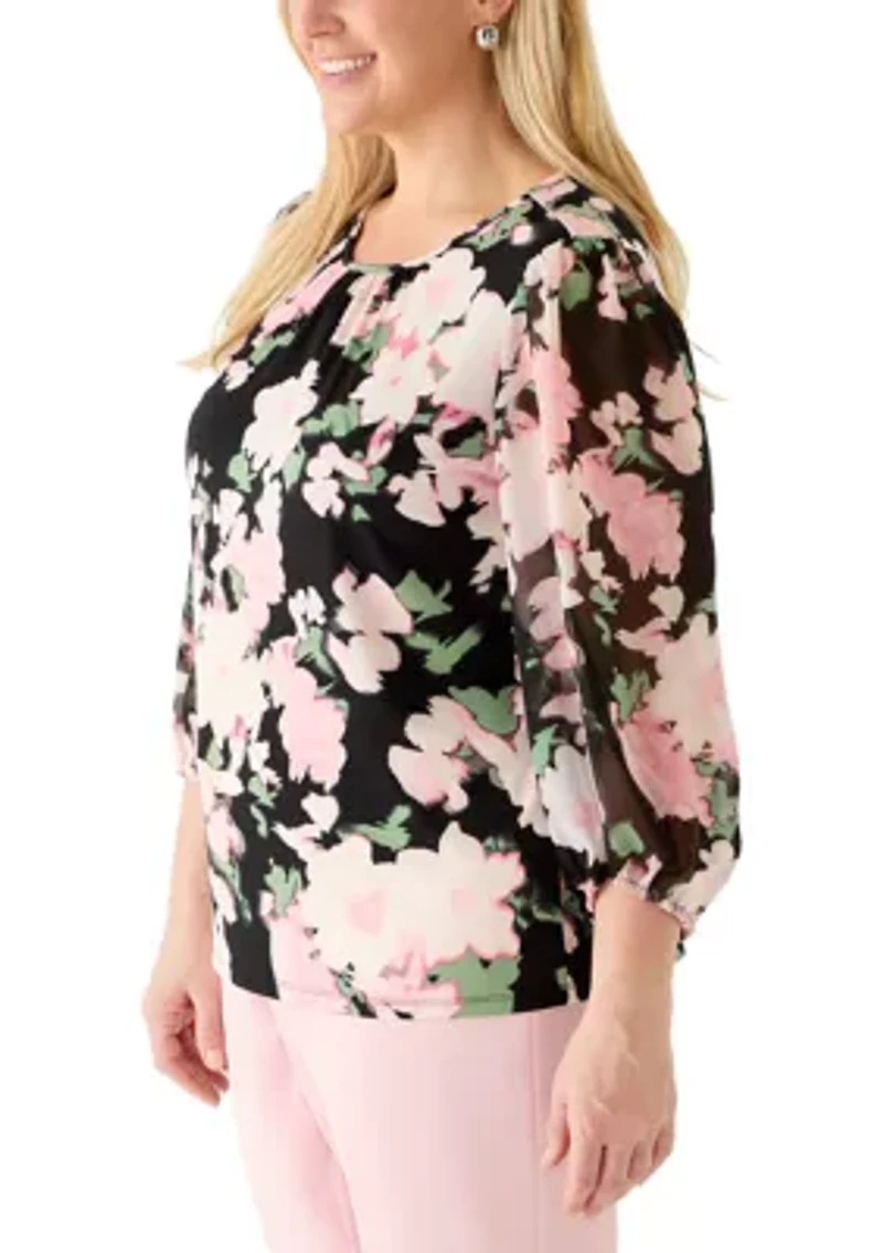 Plus Shirred Neck Floral Print Top