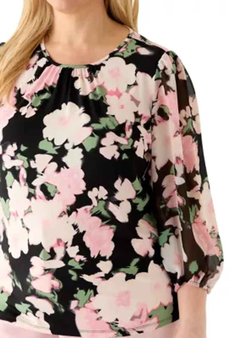 Plus Shirred Neck Floral Print Top