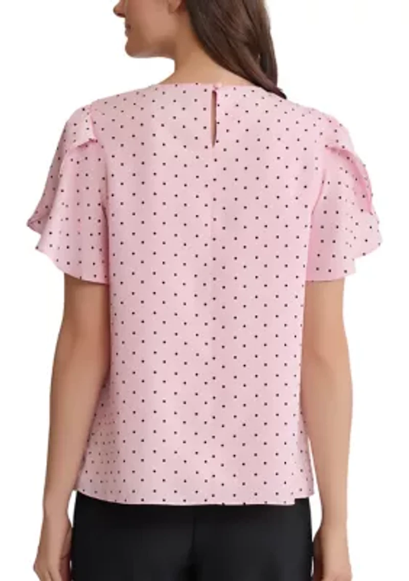 Women's Dot Print Tulip Sleeve Blouse