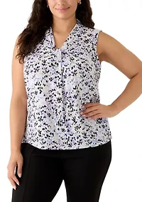 Plus Sleeveless Knot Front Print Blouse