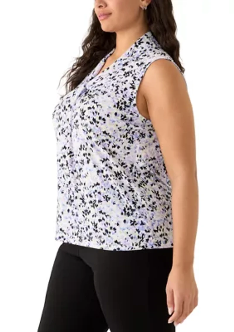 Plus Sleeveless Knot Front Print Blouse