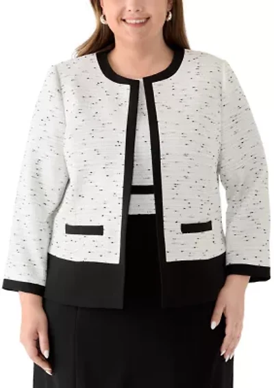 Plus Color Block Open Front Tweed Jacket