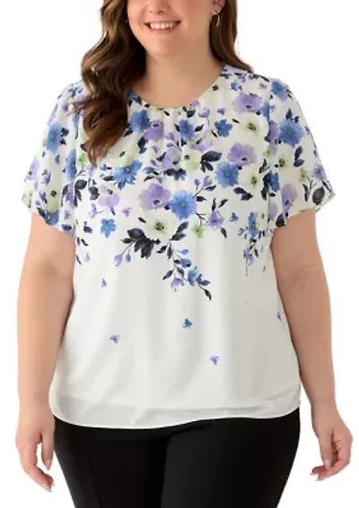 Plus Tulip Sleeve Jewel Neck Blouse