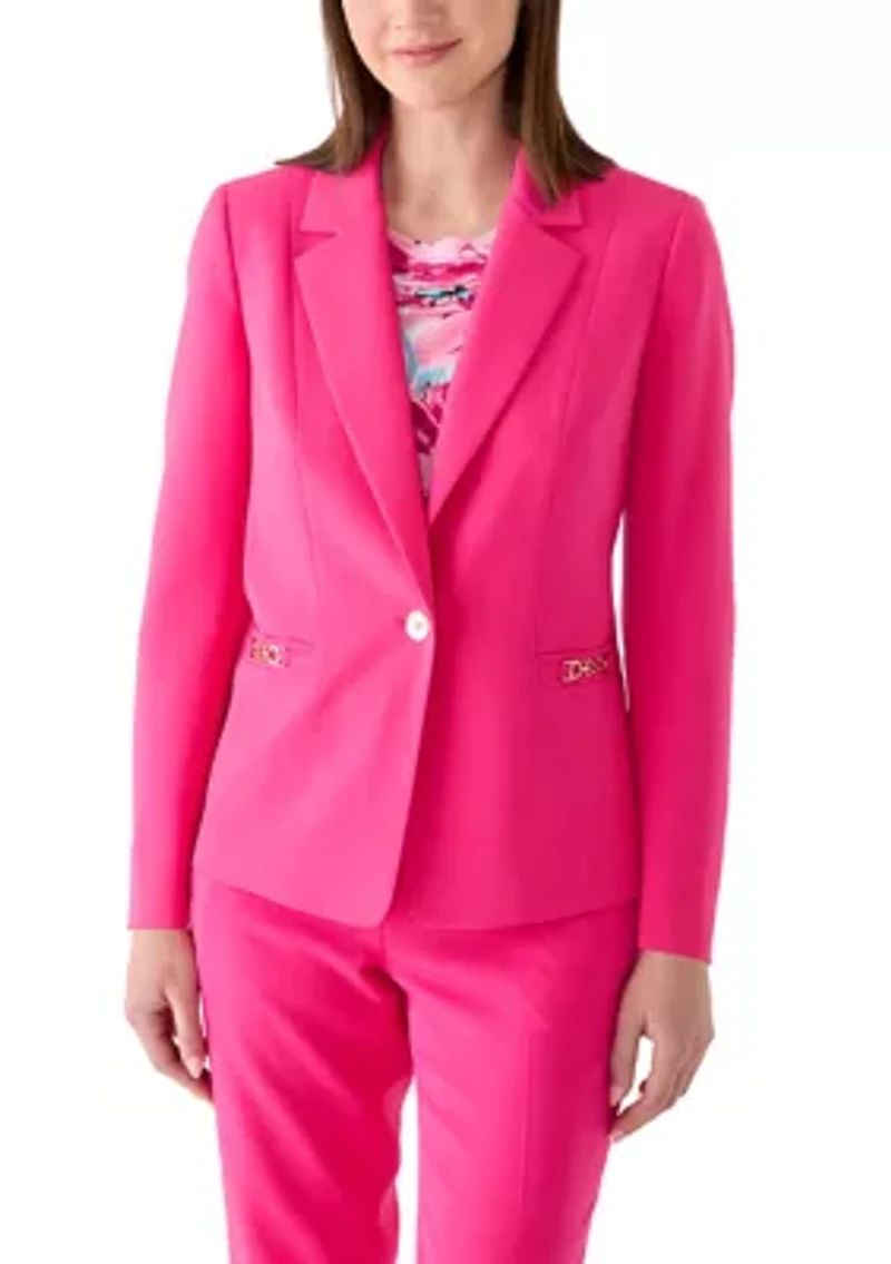 Petite One Button Notch Collar Jacket with Hardware Pocket Trim