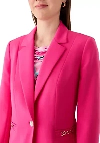 Petite One Button Notch Collar Jacket with Hardware Pocket Trim
