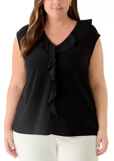 Plus Mixed Media Ruffle Front Top