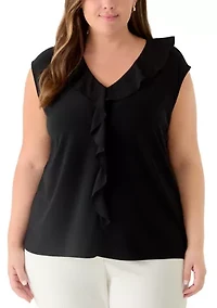Plus Mixed Media Ruffle Front Top