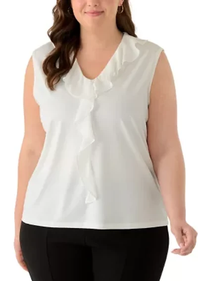 Plus Mixed Media Ruffle Front Top