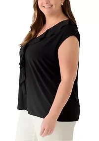 Plus Mixed Media Ruffle Front Top