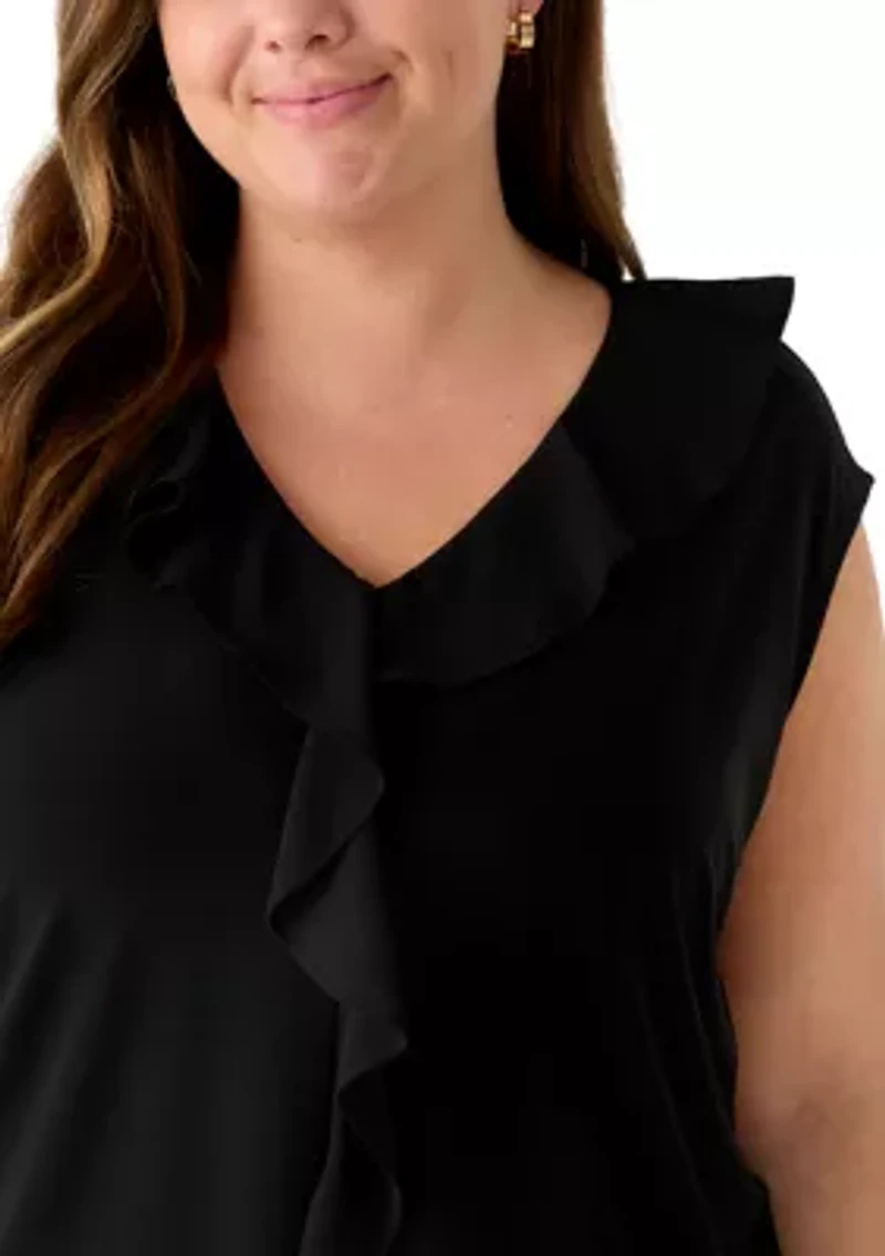 Plus Mixed Media Ruffle Front Top