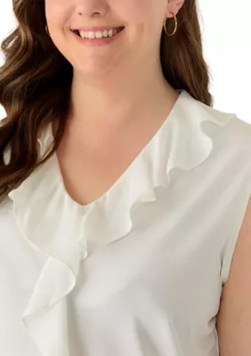 Plus Mixed Media Ruffle Front Top