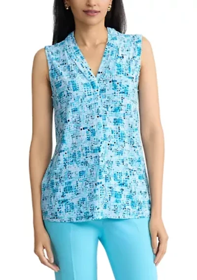 Women's Sleeveless Pleat Neck Placket Top