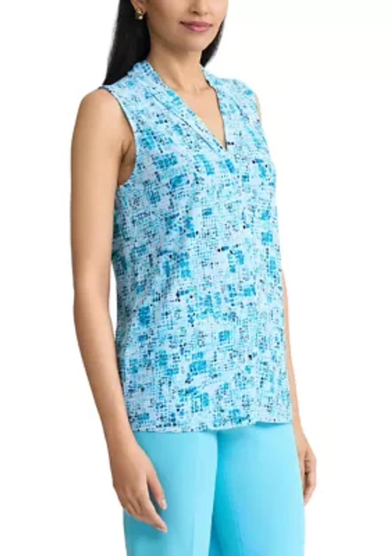 Women's Sleeveless Pleat Neck Placket Top