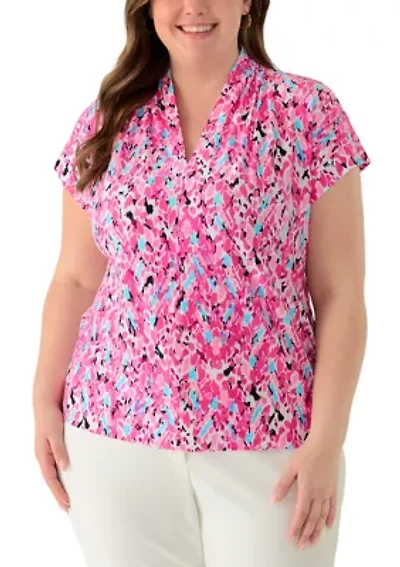 Plus Short Sleeve Pleat Neck Knit Top