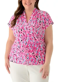 Plus Short Sleeve Pleat Neck Knit Top