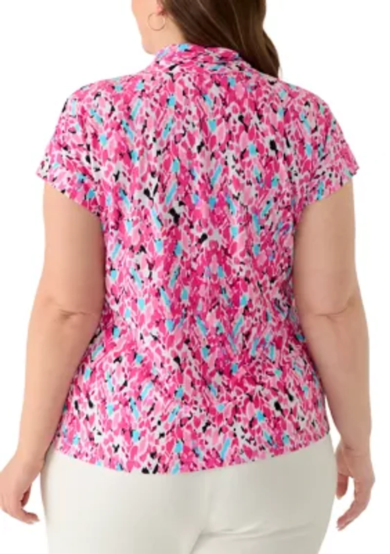 Plus Short Sleeve Pleat Neck Knit Top