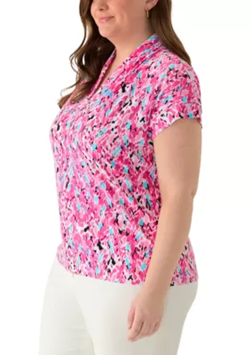 Plus Short Sleeve Pleat Neck Knit Top