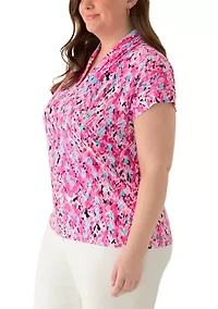 Plus Short Sleeve Pleat Neck Knit Top