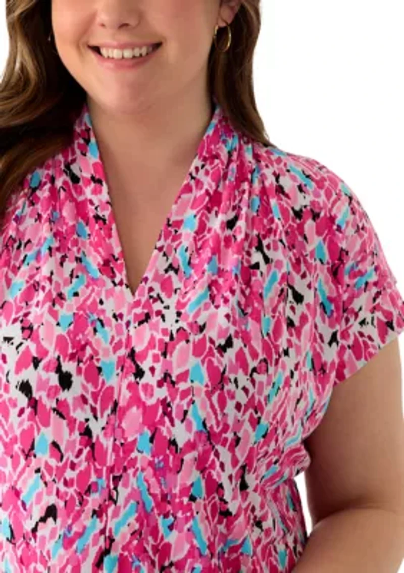 Plus Short Sleeve Pleat Neck Knit Top