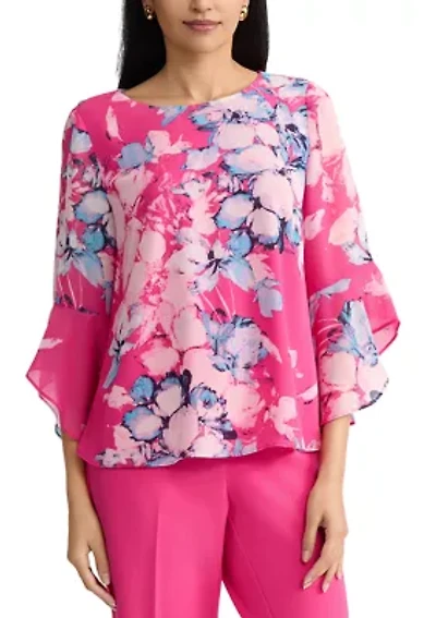 Petite Three-Quarter Ruffle Sleeve Blouse