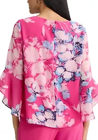 Petite Three-Quarter Ruffle Sleeve Blouse