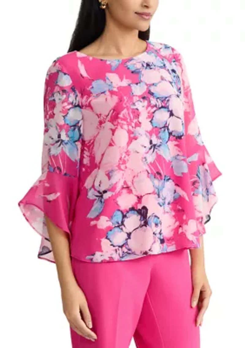 Petite Three-Quarter Ruffle Sleeve Blouse