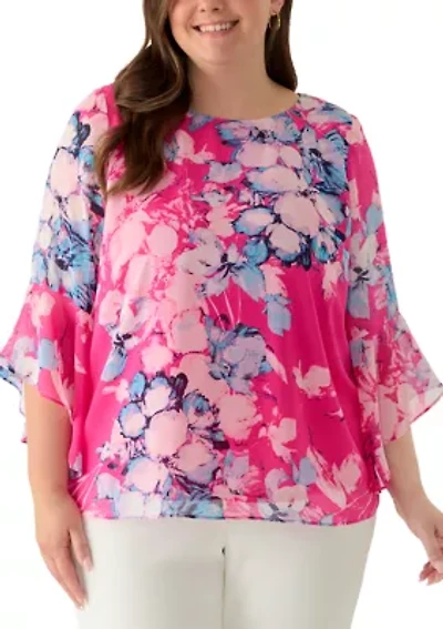 Plus 3/4 Ruffle Sleeve Blouse