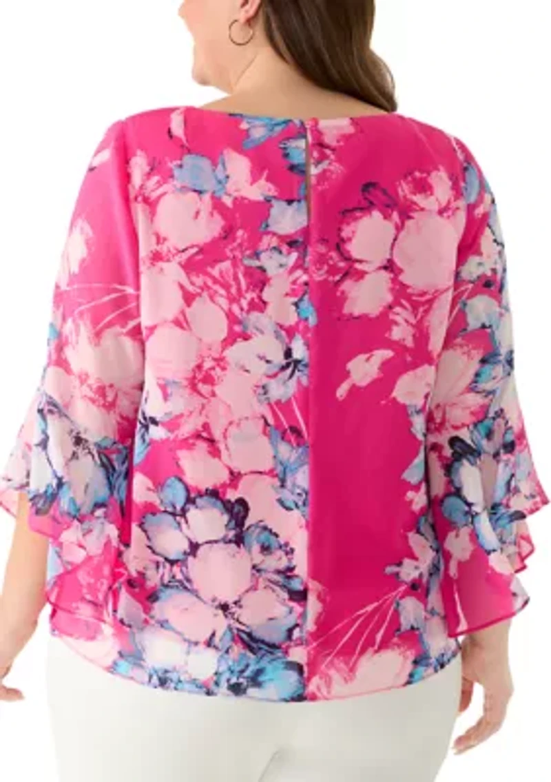 Plus 3/4 Ruffle Sleeve Blouse