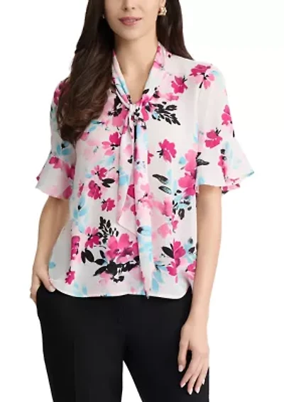 Women's Short Flutter Sleeve Tie Neck Top