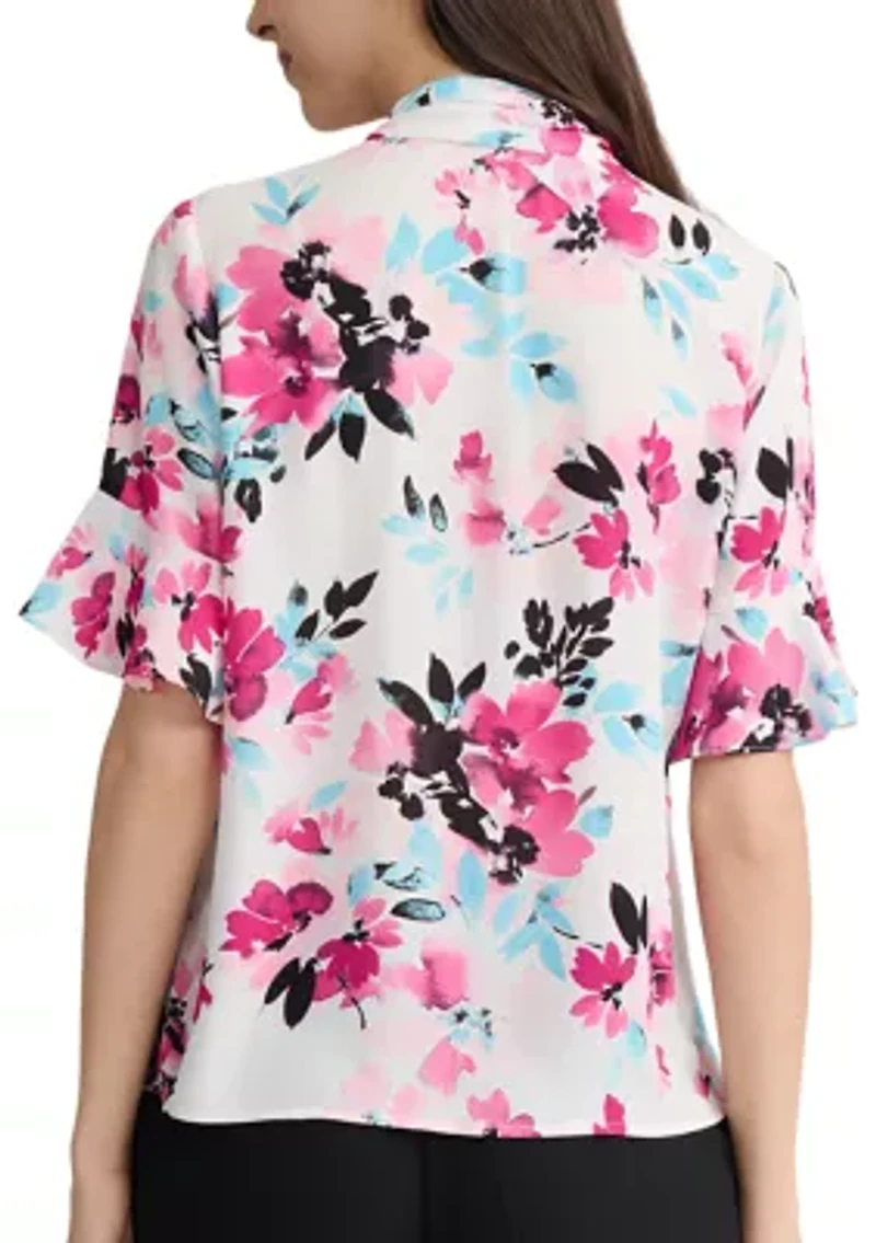 Women's Short Flutter Sleeve Tie Neck Top