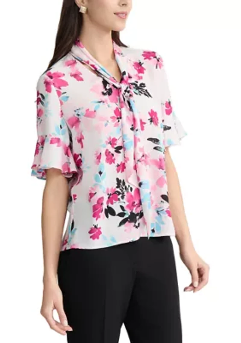 Women's Short Flutter Sleeve Tie Neck Top